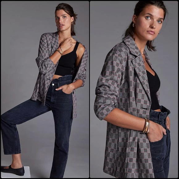 Anthropologie Avec Les Filles Plaid Blazer Notch Lapel Preppy Jacket Red Size XS - Picture 1 of 12